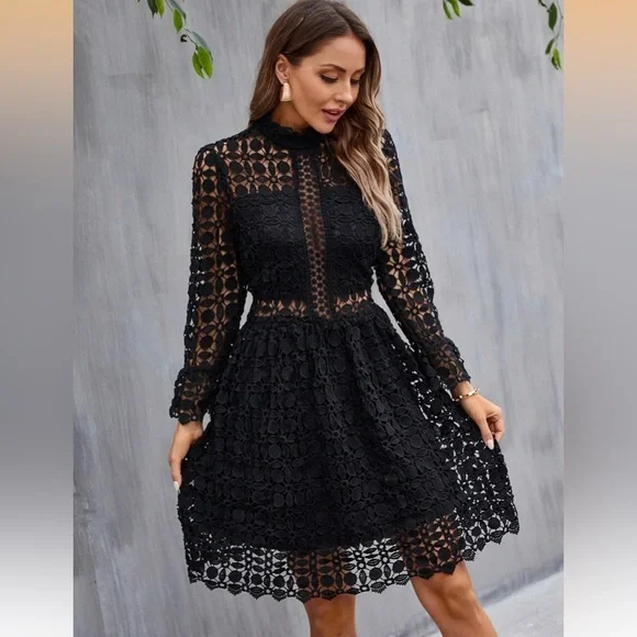 NWOT Eilly Bazar Black hollow out Lace long sleeve Mock neck Dress size M & L - Picture 1 of 14